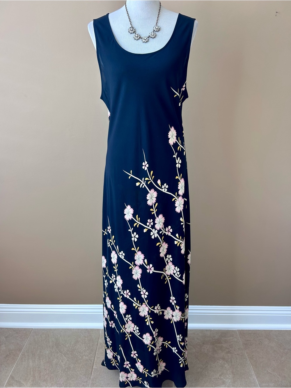 Vintage Harari Black Silk Maxi Bias Cut Dress Cherry Blossom Size 0X